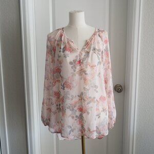 LC Lauren Conrad Floral Blouse Sheer Pastel Button-Front, Romantic Long Sleeve M